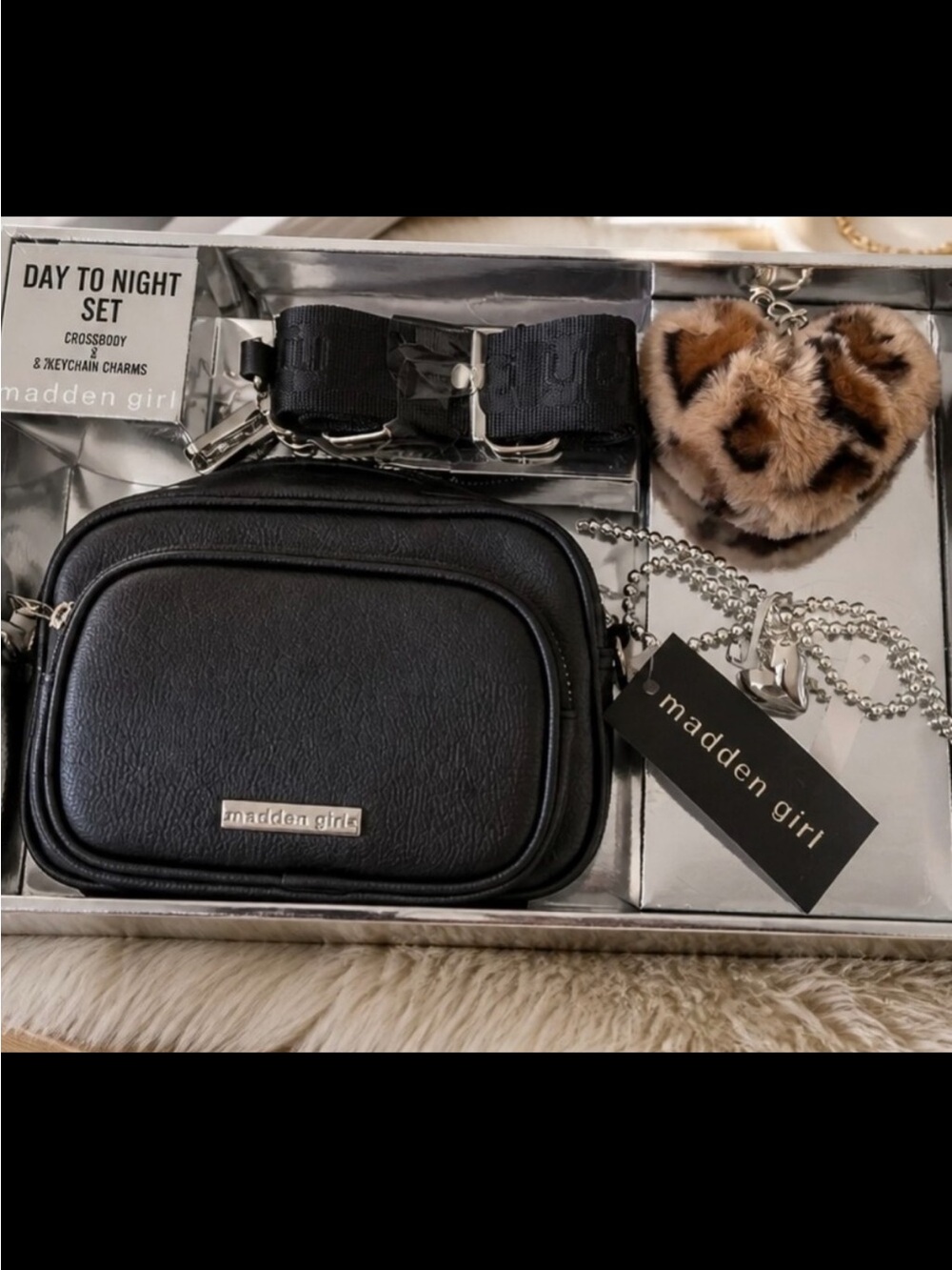 Madden Girl Black Crossbody Bag with Leopard Heart Charm